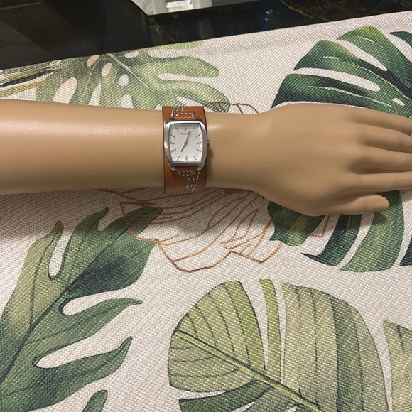 Fossil Silver Case Watch with Tan Leather Strap